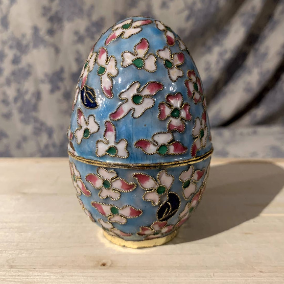Floral Cloisonné Enamel Egg Trinket Box - Picture 1 of 9